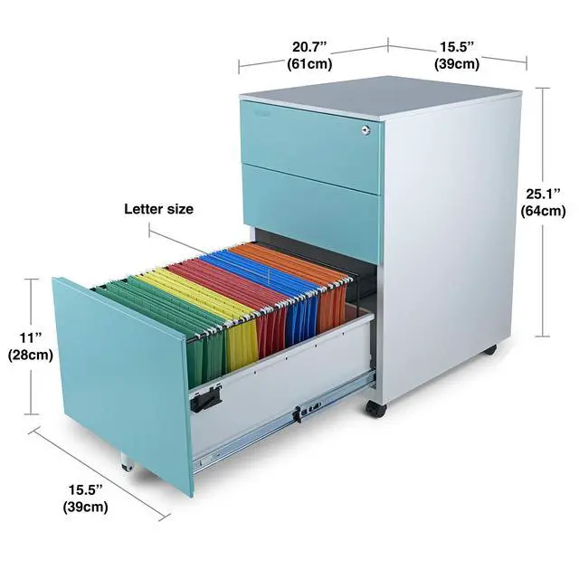 Alt view image 3 of 5 - Mobile File Cabinet 3-Drawer Metal with Lock Key Sliding Drawer, White/Aqua Blue, Fully Assembled, Ready to Use