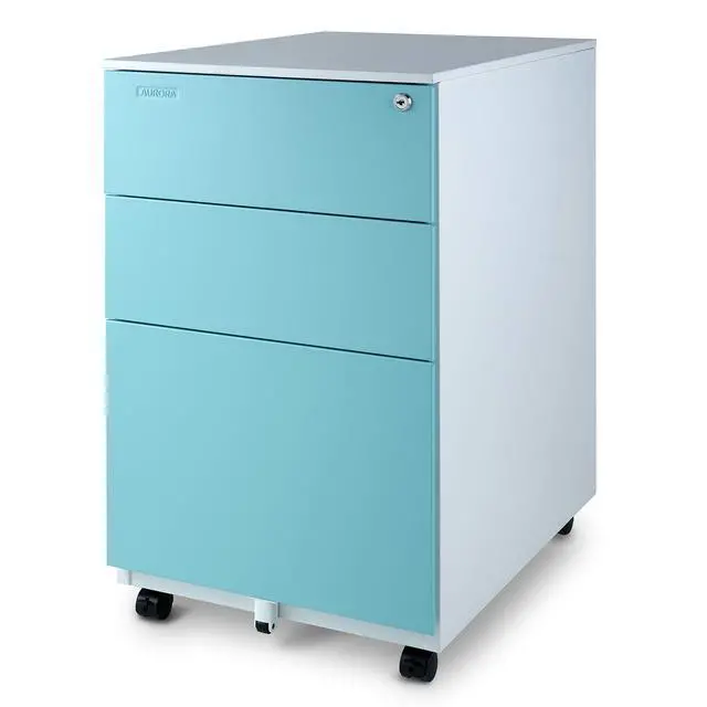 Alt view image 4 of 5 - Mobile File Cabinet 3-Drawer Metal with Lock Key Sliding Drawer, White/Aqua Blue, Fully Assembled, Ready to Use