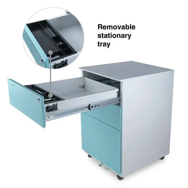 Alt view image 5 of 5 - Mobile File Cabinet 3-Drawer Metal with Lock Key Sliding Drawer, White/Aqua Blue, Fully Assembled, Ready to Use