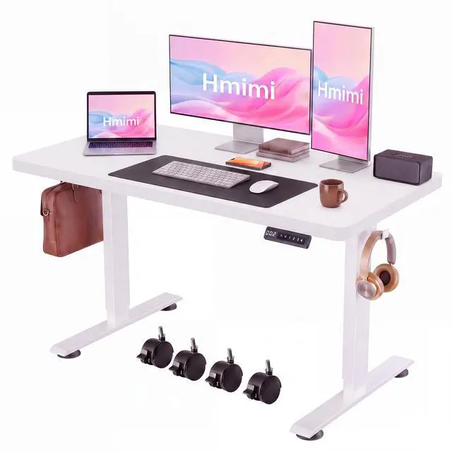 Main image of Hmimi 48'' ×24'' Height Adjustable Electric Standing Desk | Lockable Wheels, 4 Memory Presets, 2 Cable Holes, 2 Hooks, Free 40''×18'' Mouse Pad, Anti-Collision System, White