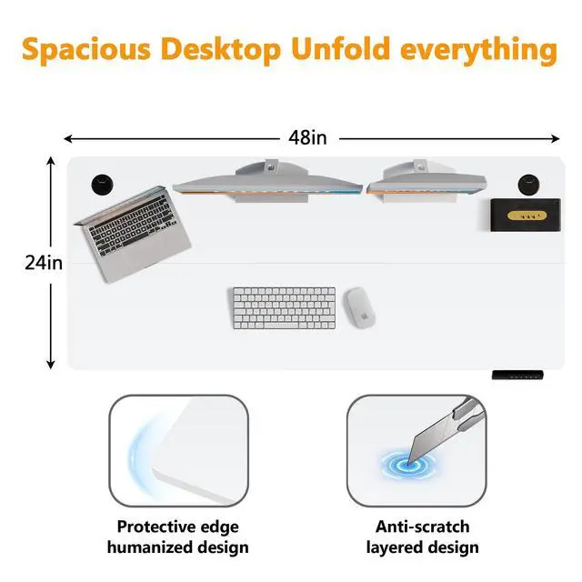 Alt view image 3 of 7 - Hmimi 48'' ×24'' Height Adjustable Electric Standing Desk | Lockable Wheels, 4 Memory Presets, 2 Cable Holes, 2 Hooks, Free 40''×18'' Mouse Pad, Anti-Collision System, White