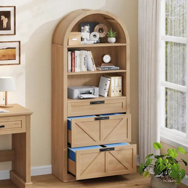Main image of Arched 2 Drawers File Cabinet, Vertical Filing Cabinet, Natural | Large Farmhouse Wooden File Cabinet 2 Drawers for Legal/Letter/A4 Size Hanging Files, for Home Office with Printer Stand