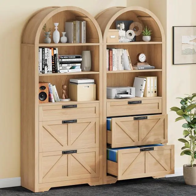 Alt view image 2 of 7 - Arched 2 Drawers File Cabinet, Vertical Filing Cabinet, Natural | Large Farmhouse Wooden File Cabinet 2 Drawers for Legal/Letter/A4 Size Hanging Files, for Home Office with Printer Stand