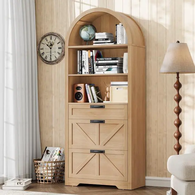 Alt view image 3 of 7 - Arched 2 Drawers File Cabinet, Vertical Filing Cabinet, Natural | Large Farmhouse Wooden File Cabinet 2 Drawers for Legal/Letter/A4 Size Hanging Files, for Home Office with Printer Stand