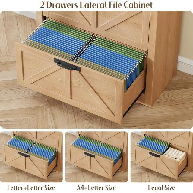 Alt view image 5 of 7 - Arched 2 Drawers File Cabinet, Vertical Filing Cabinet, Natural | Large Farmhouse Wooden File Cabinet 2 Drawers for Legal/Letter/A4 Size Hanging Files, for Home Office with Printer Stand