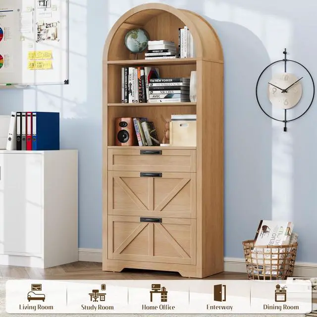 Alt view image 4 of 7 - Arched 2 Drawers File Cabinet, Vertical Filing Cabinet, Natural | Large Farmhouse Wooden File Cabinet 2 Drawers for Legal/Letter/A4 Size Hanging Files, for Home Office with Printer Stand