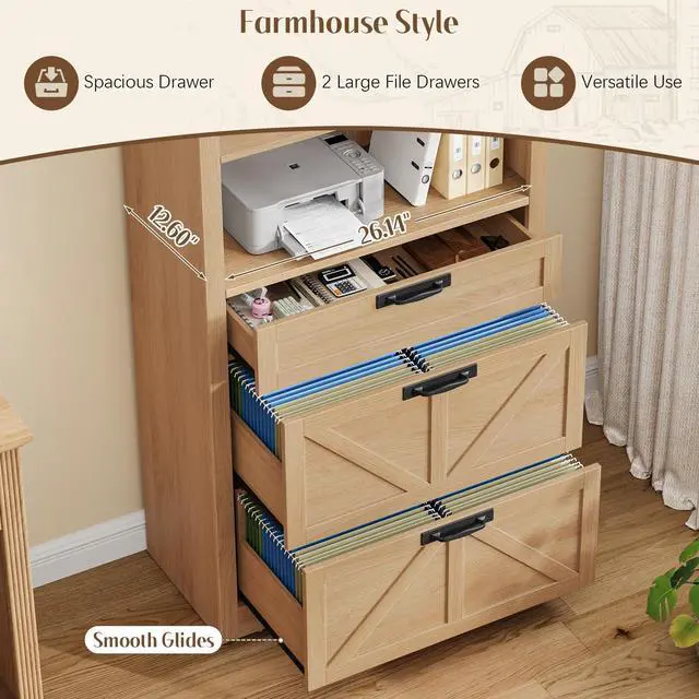 Alt view image 7 of 7 - Arched 2 Drawers File Cabinet, Vertical Filing Cabinet, Natural | Large Farmhouse Wooden File Cabinet 2 Drawers for Legal/Letter/A4 Size Hanging Files, for Home Office with Printer Stand