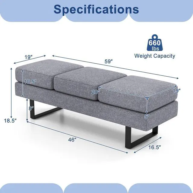 Alt view image 3 of 7 - Waiting Room Chairs, Guest Chair with 660 Lbs Weight Capacity, 3 Seats Upholstered Reception Bench for Office, Conference Room, Salon & Shop, Lobby, Entryway, Dining Room, Grey