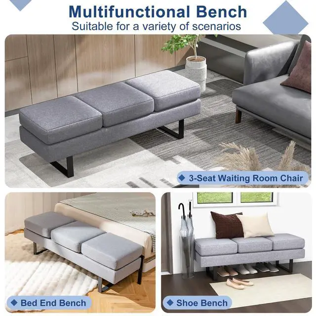 Alt view image 7 of 7 - Waiting Room Chairs, Guest Chair with 660 Lbs Weight Capacity, 3 Seats Upholstered Reception Bench for Office, Conference Room, Salon & Shop, Lobby, Entryway, Dining Room, Grey