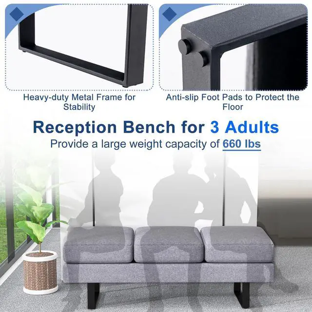 Alt view image 4 of 7 - Waiting Room Chairs, Guest Chair with 660 Lbs Weight Capacity, 3 Seats Upholstered Reception Bench for Office, Conference Room, Salon & Shop, Lobby, Entryway, Dining Room, Grey