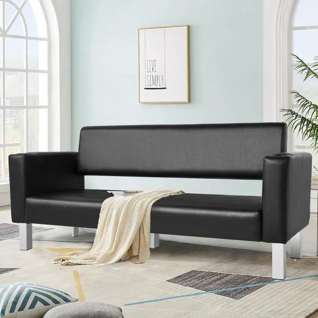 Alt view image 2 of 7 - Office Reception Chairs Waiting Room Bench Guest Chairs | 60.6'' Leather Bench, Conference Room Chairs, with 2 Cup Holder, Stainless Steel Base