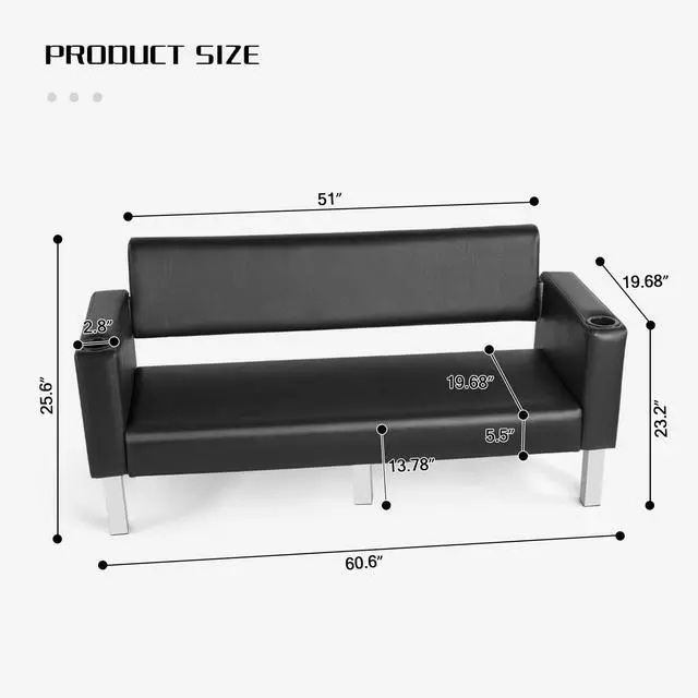 Alt view image 3 of 7 - Office Reception Chairs Waiting Room Bench Guest Chairs | 60.6'' Leather Bench, Conference Room Chairs, with 2 Cup Holder, Stainless Steel Base