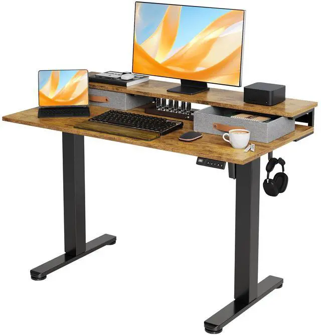 Main image of Electric Standing Desk with 2 Drawers, 48 Inch, Rustic Brown | Adjustable height desk with 2 drawers, open cubicle, monitor shelf, cable management, built-in hooks for home office