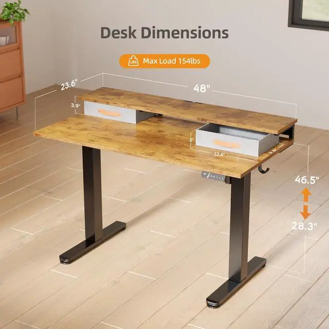 Alt view image 2 of 7 - Electric Standing Desk with 2 Drawers, 48 Inch, Rustic Brown | Adjustable height desk with 2 drawers, open cubicle, monitor shelf, cable management, built-in hooks for home office