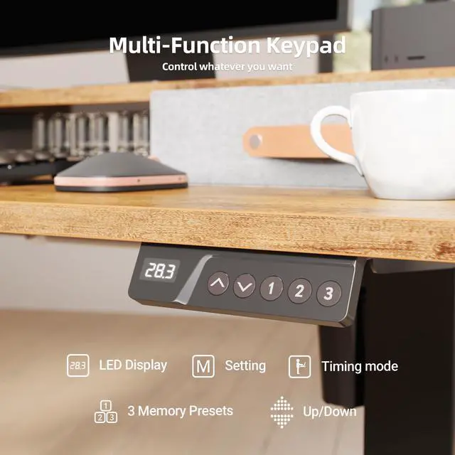 Alt view image 7 of 7 - Electric Standing Desk with 2 Drawers, 48 Inch, Rustic Brown | Adjustable height desk with 2 drawers, open cubicle, monitor shelf, cable management, built-in hooks for home office