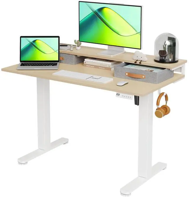 Main image of Electric Standing Desk with 2 Drawers, 48 Inch, Natural | Adjustable height desk with 2 drawers, open cubicle, monitor shelf, cable management, built-in hooks for home office