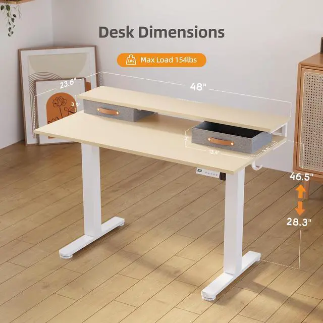 Alt view image 3 of 7 - Electric Standing Desk with 2 Drawers, 48 Inch, Natural | Adjustable height desk with 2 drawers, open cubicle, monitor shelf, cable management, built-in hooks for home office