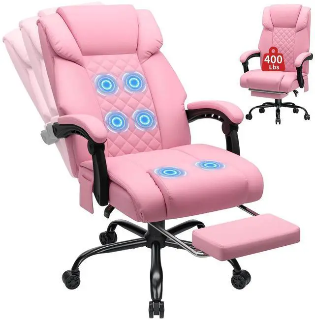 Main image of 400lbs Massage Office Chair with Foot Rest 6 Points Vibration,Pink | Ergonomic Executive Office Chair Reclining High Back Computer Desk Chairs