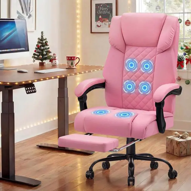 Alt view image 2 of 7 - 400lbs Massage Office Chair with Foot Rest 6 Points Vibration,Pink | Ergonomic Executive Office Chair Reclining High Back Computer Desk Chairs