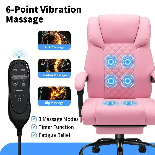 Alt view image 4 of 7 - 400lbs Massage Office Chair with Foot Rest 6 Points Vibration,Pink | Ergonomic Executive Office Chair Reclining High Back Computer Desk Chairs