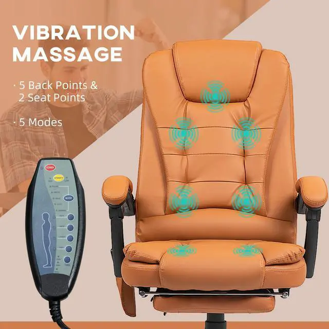 Alt view image 4 of 7 - 7-Point Vibrating Massage Office Chair, High Back, Light Brown | Computer Chair, Lumbar Support, Footrest, Reclining Back, Adjustable Height
