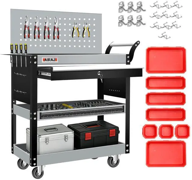 Main image of 3-Tier Rolling Tool Cart on 360°Wheels,440LBS Utility Cart with Drawer | Metal Rolling Cart with Locking System&Pegboard,Tool Cart with Trays&Hooks for Garage,Warehouse and Repair Shop,Black-Grey