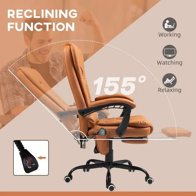 Alt view image 5 of 7 - 7-Point Vibrating Massage Office Chair, High Back, Light Brown | Computer Chair, Lumbar Support, Footrest, Reclining Back, Adjustable Height
