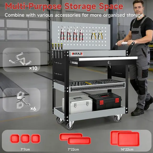 Alt view image 3 of 7 - 3-Tier Rolling Tool Cart on 360°Wheels,440LBS Utility Cart with Drawer | Metal Rolling Cart with Locking System&Pegboard,Tool Cart with Trays&Hooks for Garage,Warehouse and Repair Shop,Black-Grey