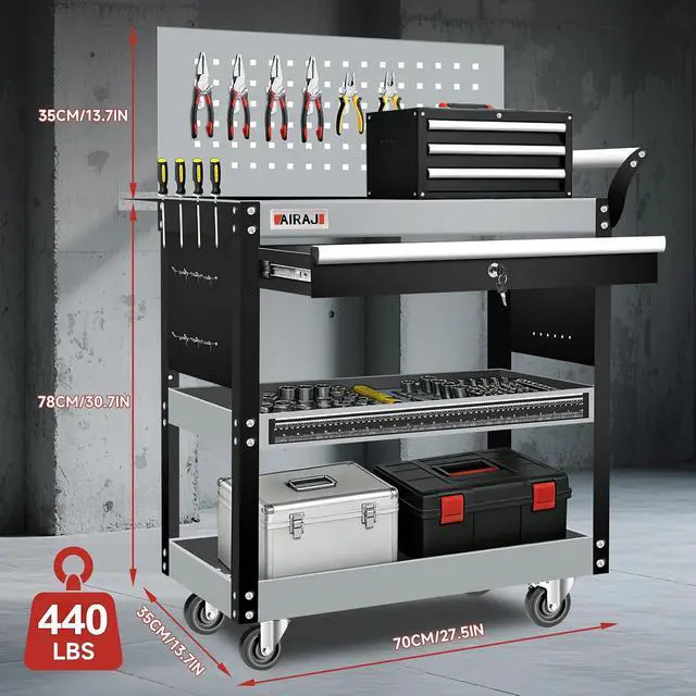 Alt view image 2 of 7 - 3-Tier Rolling Tool Cart on 360°Wheels,440LBS Utility Cart with Drawer | Metal Rolling Cart with Locking System&Pegboard,Tool Cart with Trays&Hooks for Garage,Warehouse and Repair Shop,Black-Grey