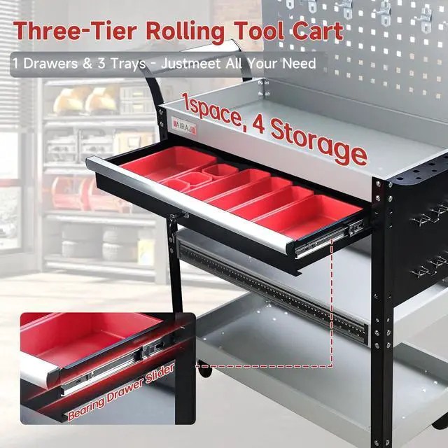 Alt view image 5 of 7 - 3-Tier Rolling Tool Cart on 360°Wheels,440LBS Utility Cart with Drawer | Metal Rolling Cart with Locking System&Pegboard,Tool Cart with Trays&Hooks for Garage,Warehouse and Repair Shop,Black-Grey