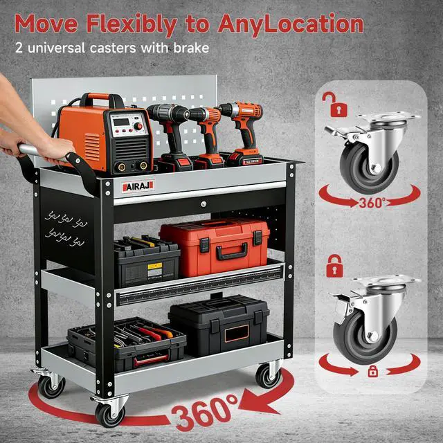 Alt view image 7 of 7 - 3-Tier Rolling Tool Cart on 360°Wheels,440LBS Utility Cart with Drawer | Metal Rolling Cart with Locking System&Pegboard,Tool Cart with Trays&Hooks for Garage,Warehouse and Repair Shop,Black-Grey