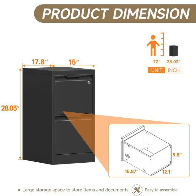 Alt view image 3 of 6 - 2 Drawer Vertical File Cabinet with Lock, Metal Filing Cabinet for Home Office, Locking File Cabinet for A4/F4/Legal/Letter, Assembly Required (Black, 2 Drawer)