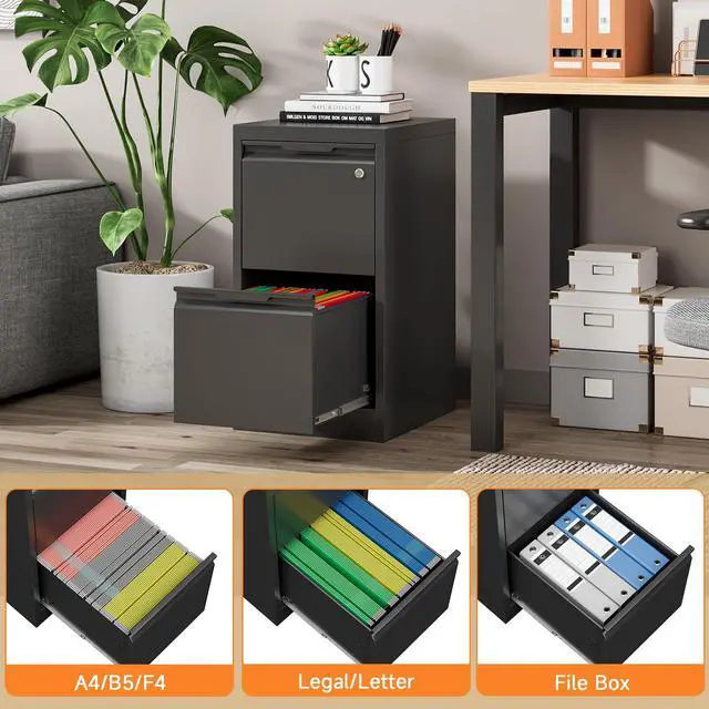 Alt view image 5 of 6 - 2 Drawer Vertical File Cabinet with Lock, Metal Filing Cabinet for Home Office, Locking File Cabinet for A4/F4/Legal/Letter, Assembly Required (Black, 2 Drawer)