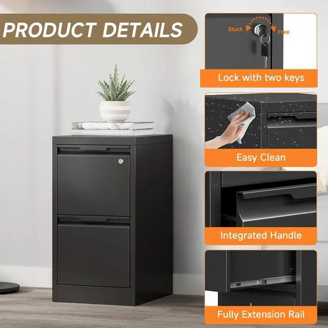 Alt view image 4 of 6 - 2 Drawer Vertical File Cabinet with Lock, Metal Filing Cabinet for Home Office, Locking File Cabinet for A4/F4/Legal/Letter, Assembly Required (Black, 2 Drawer)