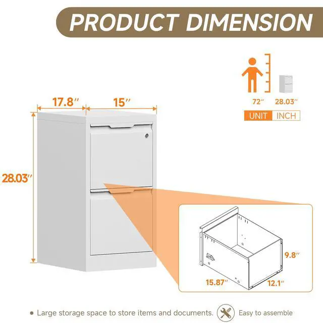 Alt view image 3 of 6 - 2 Drawer Vertical File Cabinet with Lock, Metal Filing Cabinet for Home Office, Locking File Cabinet for A4/F4/Legal/Letter, Assembly Required (White, 2 Drawer)