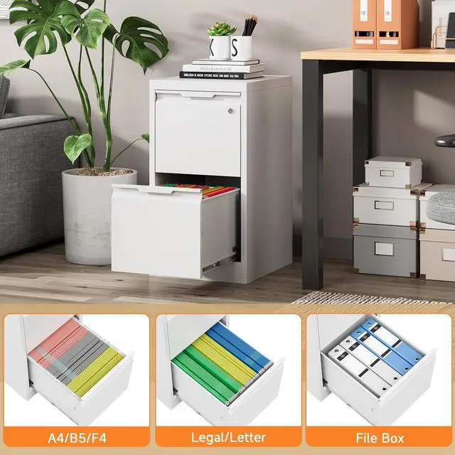 Alt view image 5 of 6 - 2 Drawer Vertical File Cabinet with Lock, Metal Filing Cabinet for Home Office, Locking File Cabinet for A4/F4/Legal/Letter, Assembly Required (White, 2 Drawer)
