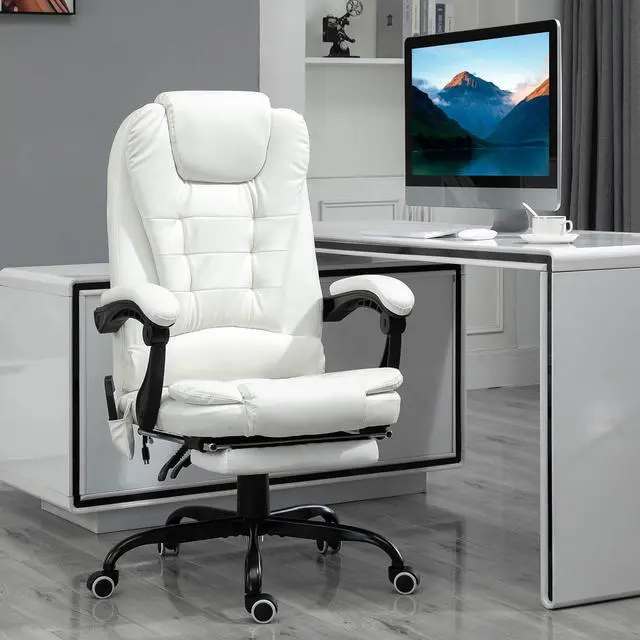 Alt view image 2 of 7 - 7-Point Vibrating Massage Office Chair, High Back, White | Computer Chair, Lumbar Support, Footrest, Reclining Back, Adjustable Height