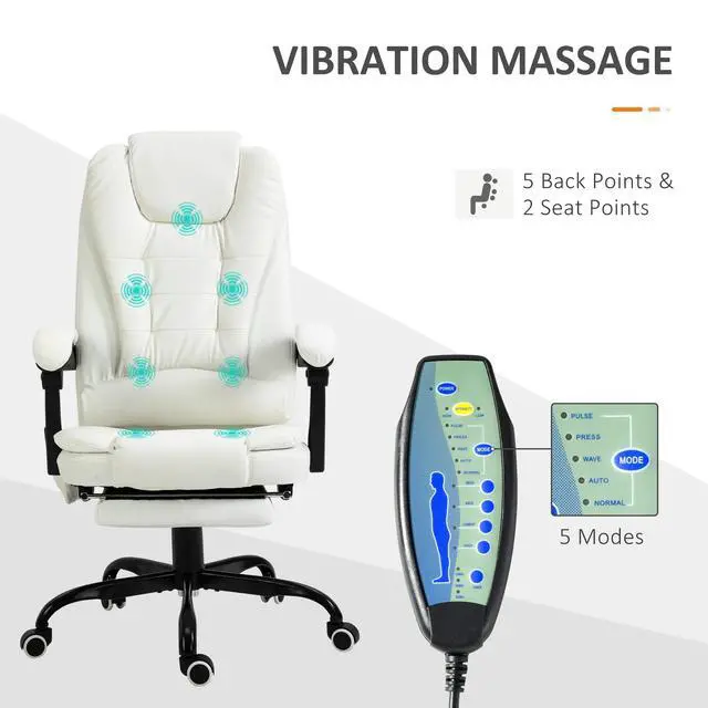 Alt view image 4 of 7 - 7-Point Vibrating Massage Office Chair, High Back, White | Computer Chair, Lumbar Support, Footrest, Reclining Back, Adjustable Height