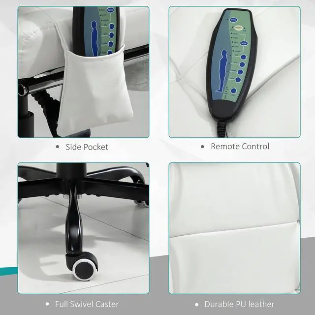 Alt view image 7 of 7 - 7-Point Vibrating Massage Office Chair, High Back, White | Computer Chair, Lumbar Support, Footrest, Reclining Back, Adjustable Height
