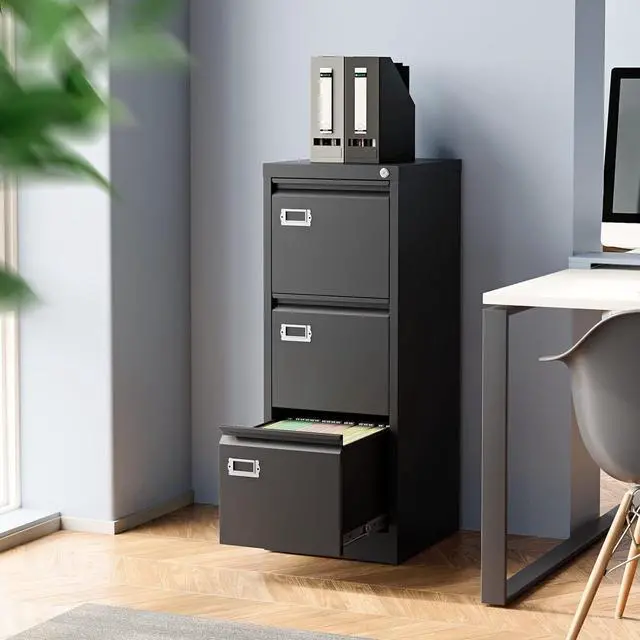 Alt view image 2 of 7 - Black 3 Drawer File Cabinet,Metal Filing Cabinets with Lock,Office File Storage Cabinet for A4/Letter/Legal Size File(Assembly Required)