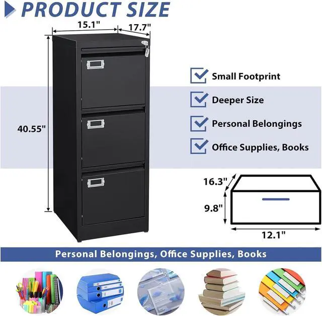 Alt view image 3 of 7 - Black 3 Drawer File Cabinet,Metal Filing Cabinets with Lock,Office File Storage Cabinet for A4/Letter/Legal Size File(Assembly Required)