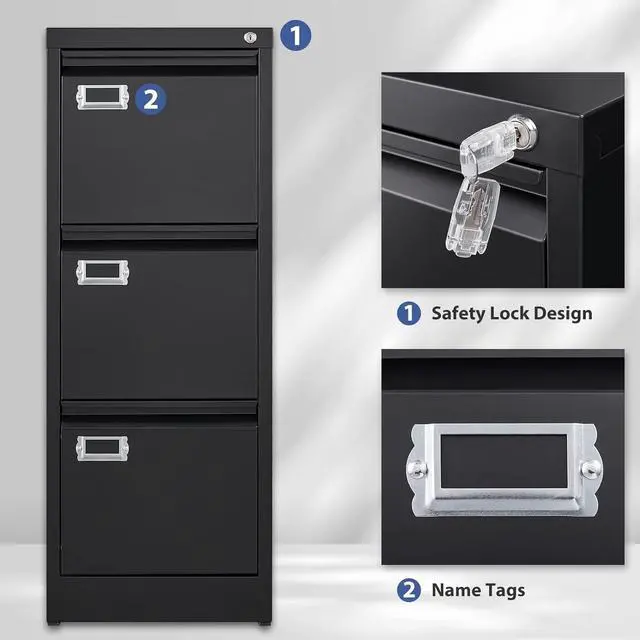 Alt view image 7 of 7 - Black 3 Drawer File Cabinet,Metal Filing Cabinets with Lock,Office File Storage Cabinet for A4/Letter/Legal Size File(Assembly Required)