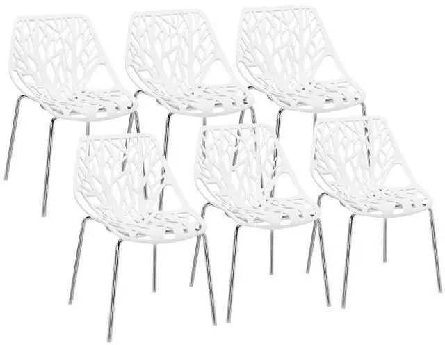 Main image of Modern Stackable Dining Chair 6 Pack, Stacking Outdoor Chairs, White | Plastic Birch Sapling Chairs, Plastic Outdoor Patio Decorative Chairs, Multiple Use for Dining Living Room, Easy to Install