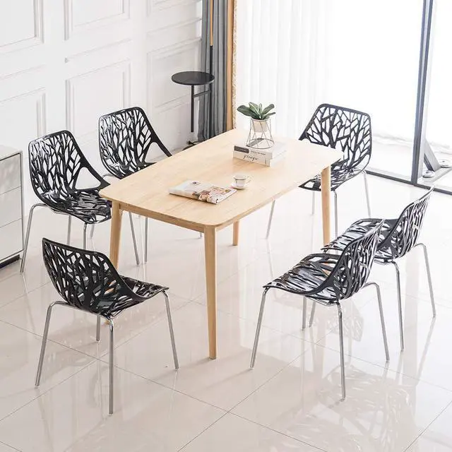 Alt view image 2 of 6 - Modern Stackable Dining Chair 6 Pack, Stacking Outdoor Chairs, Black | Plastic Birch Sapling Chairs, Plastic Outdoor Patio Decorative Chairs, Multiple Use for Dining Living Room, Easy to Install