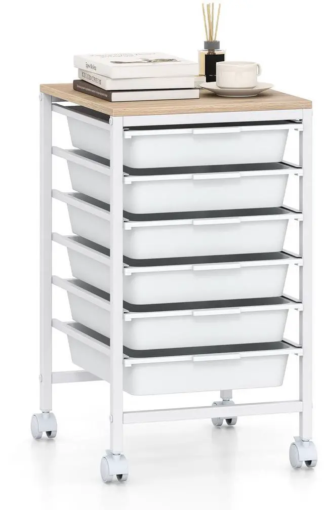 Main image of 6-Drawer Rolling Storage Cart w/Lockable Wheels(White) | Utility Cart w/ Wood Top, Art Craft Organizer for Home, School, Paper Storage, Craft Room, Classroom, Office & Dorm Supplies
