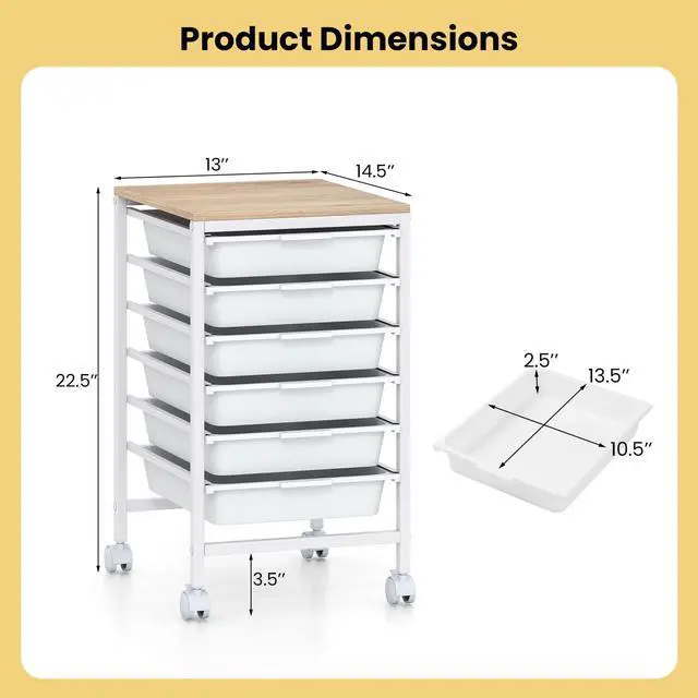 Alt view image 3 of 7 - 6-Drawer Rolling Storage Cart w/Lockable Wheels(White) | Utility Cart w/ Wood Top, Art Craft Organizer for Home, School, Paper Storage, Craft Room, Classroom, Office & Dorm Supplies
