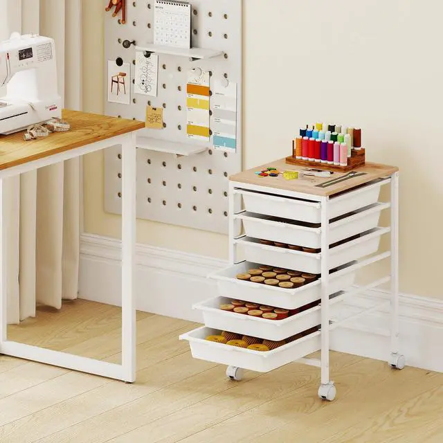 Alt view image 2 of 7 - 6-Drawer Rolling Storage Cart w/Lockable Wheels(White) | Utility Cart w/ Wood Top, Art Craft Organizer for Home, School, Paper Storage, Craft Room, Classroom, Office & Dorm Supplies