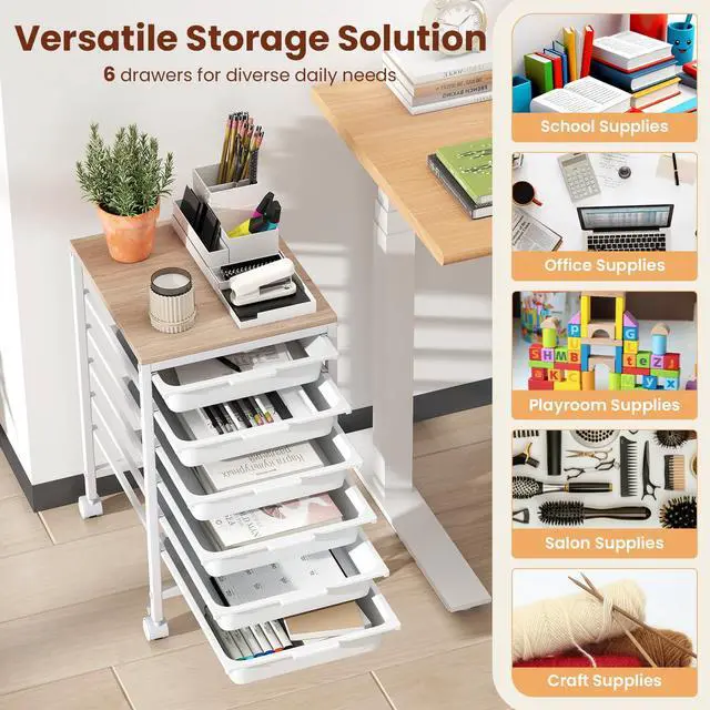 Alt view image 4 of 7 - 6-Drawer Rolling Storage Cart w/Lockable Wheels(White) | Utility Cart w/ Wood Top, Art Craft Organizer for Home, School, Paper Storage, Craft Room, Classroom, Office & Dorm Supplies