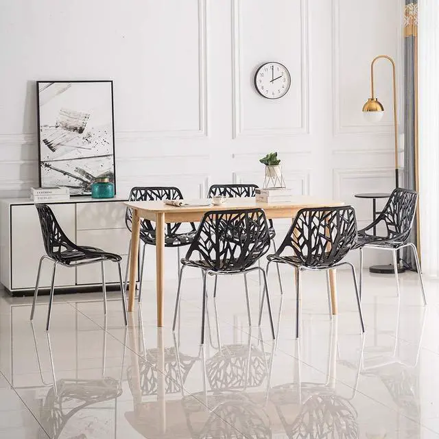 Alt view image 4 of 6 - Modern Stackable Dining Chair 6 Pack, Stacking Outdoor Chairs, Black | Plastic Birch Sapling Chairs, Plastic Outdoor Patio Decorative Chairs, Multiple Use for Dining Living Room, Easy to Install
