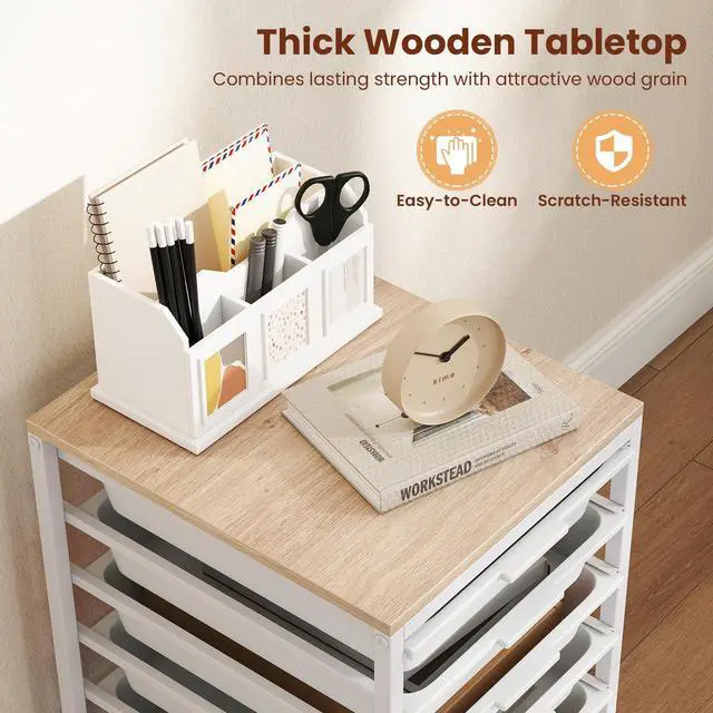 Alt view image 5 of 7 - 6-Drawer Rolling Storage Cart w/Lockable Wheels(White) | Utility Cart w/ Wood Top, Art Craft Organizer for Home, School, Paper Storage, Craft Room, Classroom, Office & Dorm Supplies